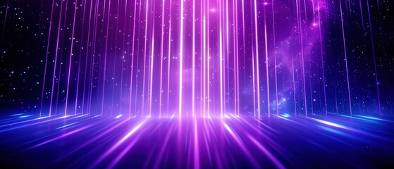 Abstract light beams in purple and blue against a starry background.