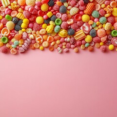 Obraz premium A vibrant overhead panoramic view of an assortment of festive sweets and candies, creating a lively confectionery background. Plenty of room for text to the right.