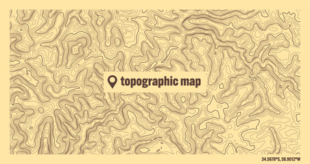 Colorful topographic map with contour lines. Geographic terrain grid, relief height elevation. Ground path pattern. Travel and navigation, cartography design element. Vector illustration