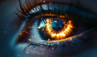 Extreme close-up of eye with intense fire-like reflections in the iris.