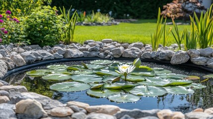 Pond in the garden with blooming water lily