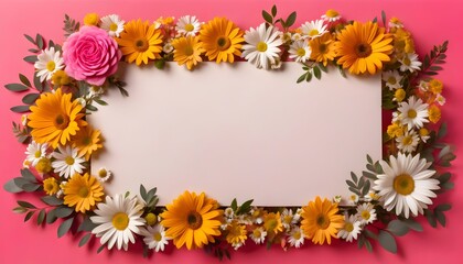 vibrant flowers framing a blank page on pastel pink surface