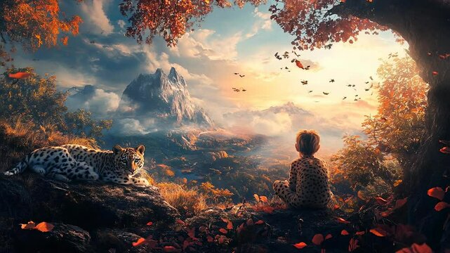 Majestic Landscape with Leopard and Child in Autumnal Setting