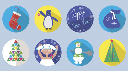 New Year icons with the image of a snow maiden and a Christmas tree and a snowman