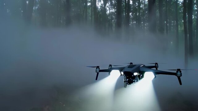 Exploring the foggy forest with a powerful drone equipped for nighttime navigation