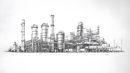 Fototapeta premium Black and white line drawing of an industrial park, front view, with large buildings on both sides, numerous gas tanks behind them, on a white background