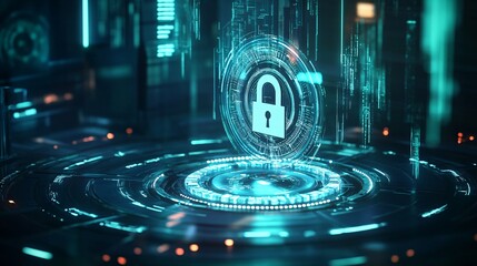 Fototapeta premium Futuristic Digital Security Concept with Glowing Padlock and Data Flow
