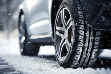 Winter tires on snow. Detail of car tires on the road covered with snow.