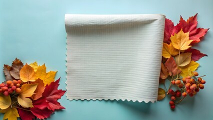 elegant white paper with autumn leaves on bright turquoise backdrop