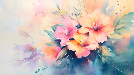 Obraz premium Soft Pastel Floral Arrangement with Hibiscus and Watercolor Background for Elegant Designs