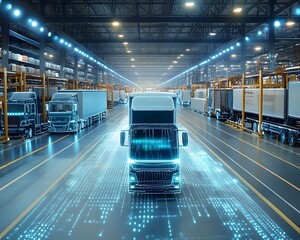 Futuristic truck in a modern warehouse, showcasing digital overlay and advanced logistics technology in action.