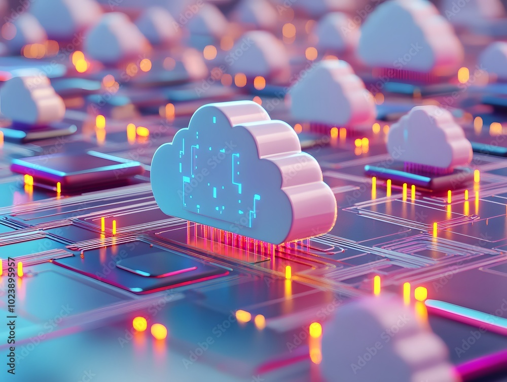 Poster futuristic cloud computing design featuring digital circuits and glowing elements, representing tech