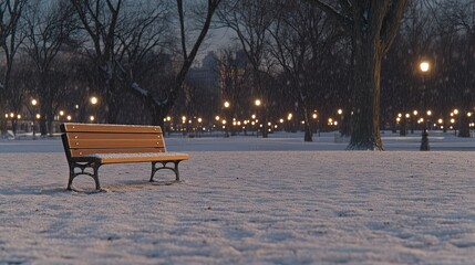 The park glows warmly with street lights as soft snowflakes fall, creating a tranquil atmosphere. Benches are blanketed in snow, inviting quiet reflection