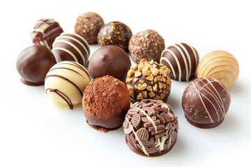Fototapeta premium Assorted chocolate candies with nuts and fruit on a white background, with full depth of field, showcasing the variety