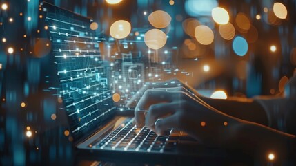 Businesswoman's hand engaging a digital neural network, showcasing Big Data and AI in a high-tech cyberspace environment