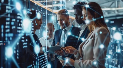Business professionals worldwide collaborating through digital channels, focusing on customer service, data exchange, and global outsourcing