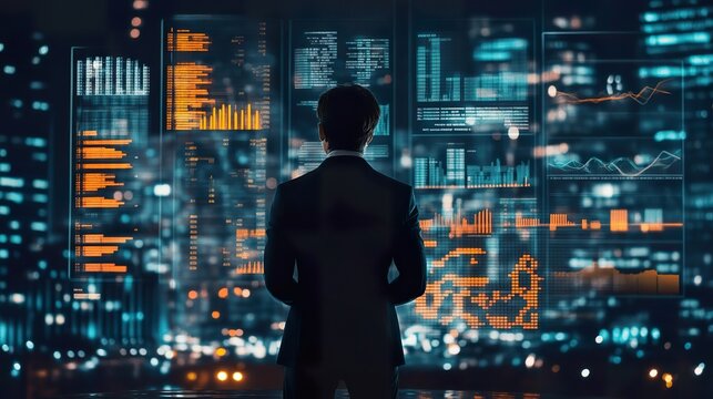Businessman analyzing financial growth and strategy data, displayed against a cityscape background. - Powered by Adobe
