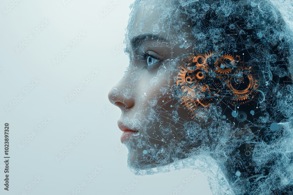 Poster A silhouette of a human head with gears inside, connected to a network of data and algorithms. Concept of cognitive computing and problem-solving.
