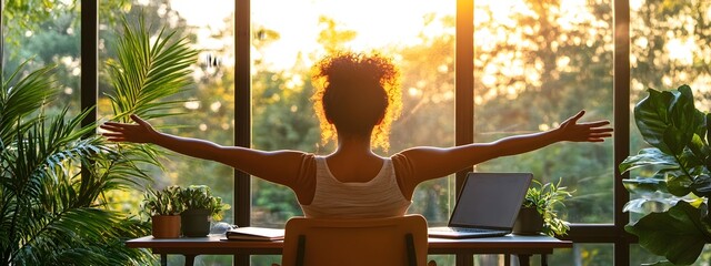 A woman doing yoga in front of her desk with an open window, arms outstretched to the sides, enjoying the morning sunlight and greenery outside