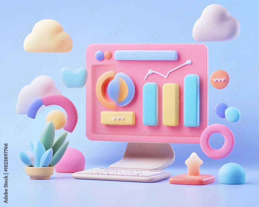 Fototapete Colorful computer screen displaying vibrant data analytics with playful shapes and cloud elements for modern digital design.