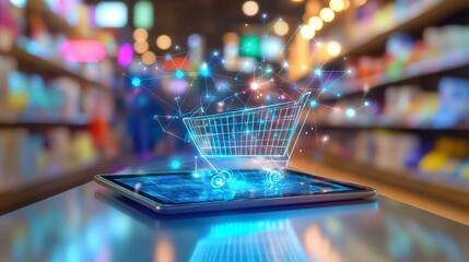 Online commerce sale concept with tablet and network connection on virtual screen