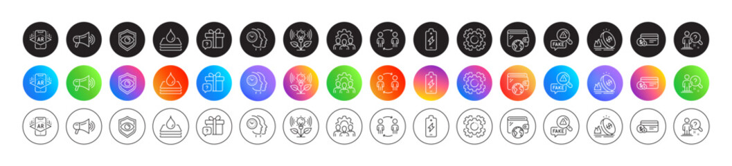 Fake news, Waterproof and Megaphone line icons. Round icon gradient buttons. Pack of Seo gear, Battery charging, Time management icon. Wallet, Search employee, Incubator pictogram. Vector
