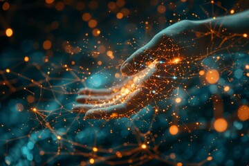 Businesswoman's hand engaging a digital neural network, showcasing Big Data and AI in a high-tech cyberspace environment