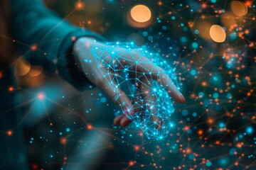 Businesswoman's hand engaging a digital neural network, showcasing Big Data and AI in a high-tech cyberspace environment