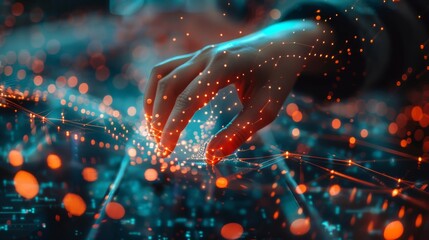 Businesswoman's hand engaging a digital neural network, showcasing Big Data and AI in a high-tech cyberspace environment