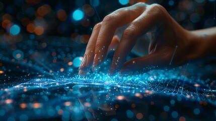 Businesswoman's hand engaging a digital neural network, showcasing Big Data and AI in a high-tech cyberspace environment