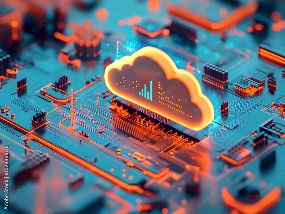 Poster a vibrant digital cloud symbol surrounded by circuit patterns, representing cloud computing and mode