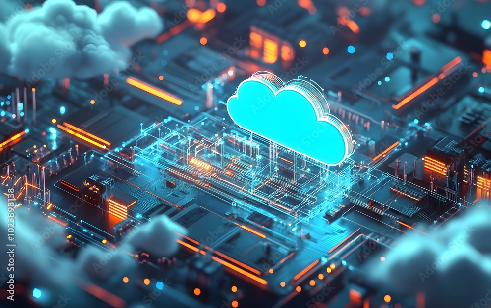 Poster digital cloud computing concept with abstract circuit patterns and glowing elements representing tec