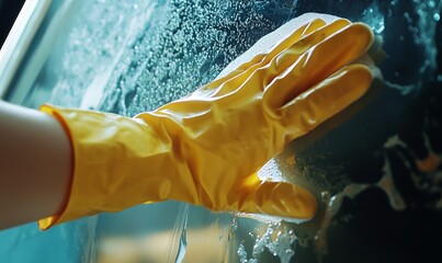 A person wearing a yellow glove is cleaning a glass surface