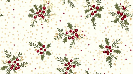 This seamless pattern showcases intricate hand-drawn Christmas berries in soft reds and greens against a neutral polka dot backdrop, ideal for festive fabric applications SEAMLESS PATTERN