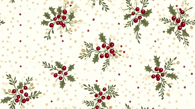 This seamless pattern showcases intricate hand-drawn Christmas berries in soft reds and greens against a neutral polka dot backdrop, ideal for festive fabric applications SEAMLESS PATTERN