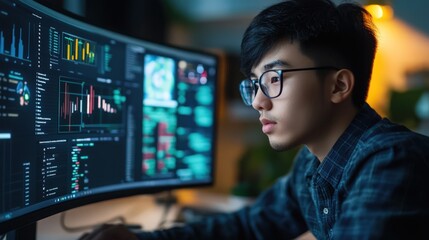 Young Asian SEO specialist analyzing data on a desktop. Working remotely with digital marketing tools and performance metrics.