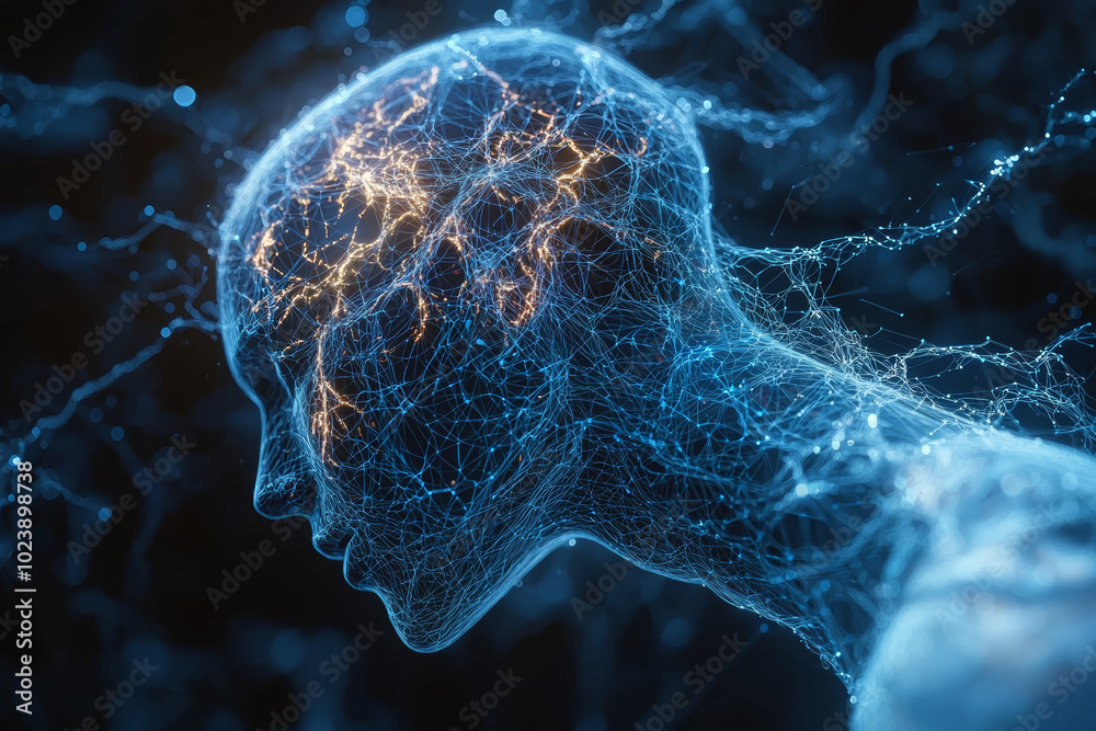 Aufkleber A neural network extending from a human head, connecting to a vast web of computer systems. Concept of machine learning and intelligence.