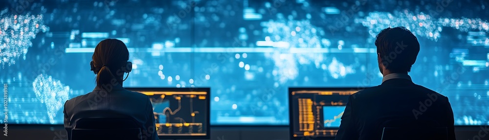 Poster two professionals monitor data on screens, analyzing digital information in a high-tech environment.