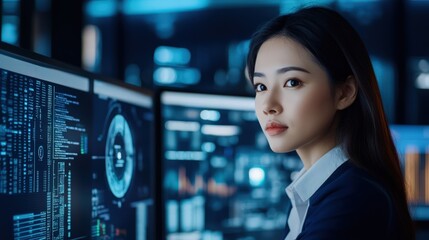 Young Asian woman working on AI and big data analytics. Engaged in digital transformation and upskilling from a modern home office.