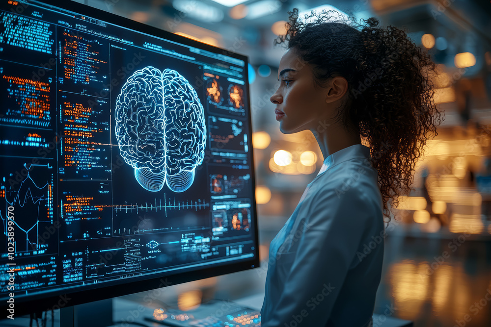 Poster a human figure standing in front of a computer screen displaying their own brain activity in real-ti