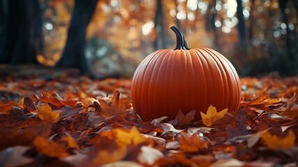 Pumpkin in Autumn Leaves in a Sunlit Forest - Made with Generative AI