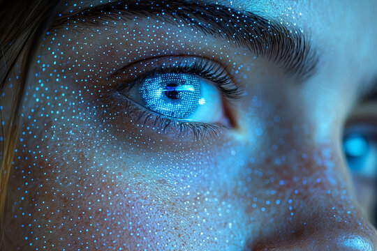 A human face partially pixelated, representing the integration of consciousness and digital technology. Concept of identity in the digital age.