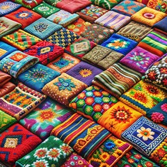 Colorful embroidered textiles arranged in a vibrant pattern, showcasing traditional craftsmanship and art