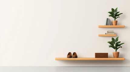Minimalist wooden shelves with plants, books, and shoes.