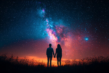 A couple watching the stars together, holding hands and smiling at the beauty of the night sky. Concept of romance and happiness.