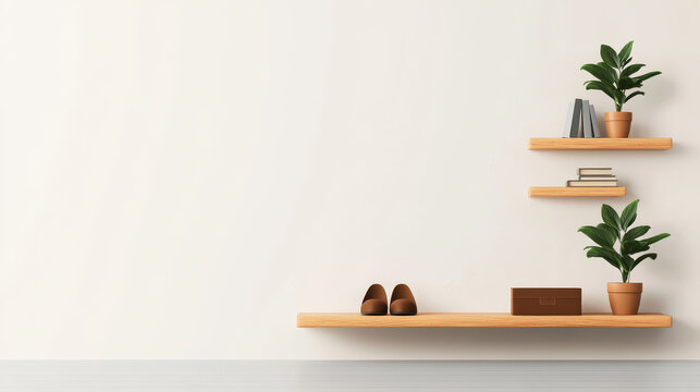Minimalist wooden shelves with plants, books, and shoes.