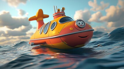 Cartoon Submarine with a Friendly Face Floating on Ocean Waves