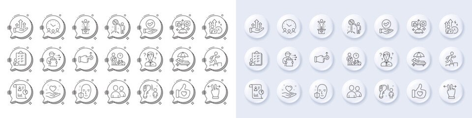 Food delivery, Users and Report line icons. White pin 3d buttons, chat bubbles icons. Pack of Drag drop, Like hand, Checklist icon. Vector