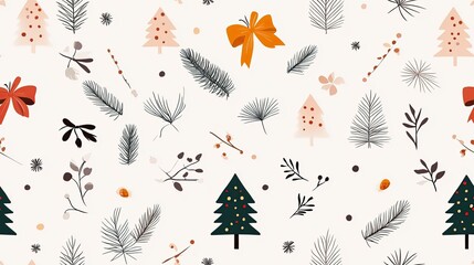 This vintage-style pattern showcases Christmas trees and bows arranged in rows against a beige backdrop, adding a simple and cute touch for holiday decor SEAMLESS PATTERN