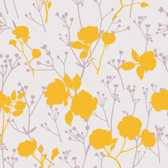 Seamless pattern with silhouettes of garden roses and wild plants